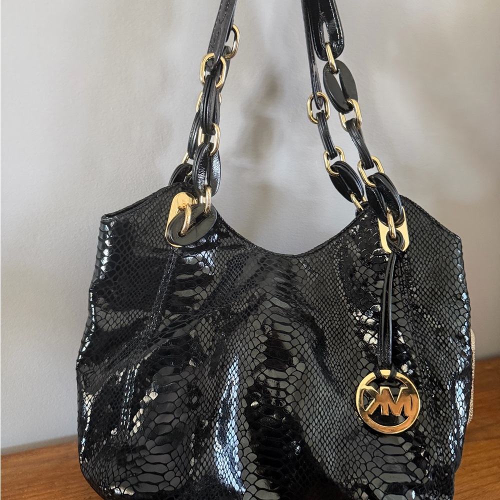 Michael Kors Black Snakeskin Shoulder Bag with Gold Accents